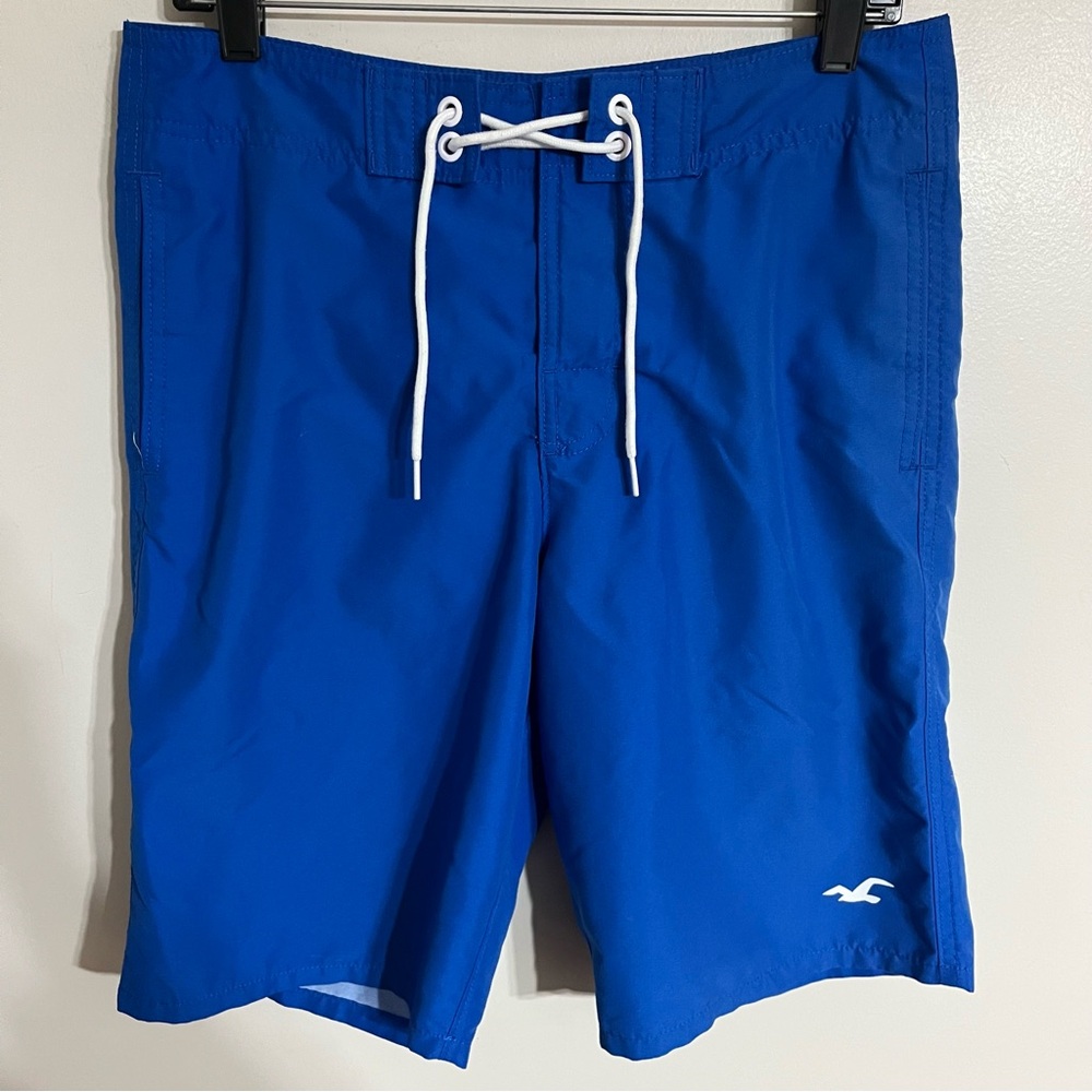 Hollister Board Shorts Mens 30 Blue Solid Swim Trunk Mesh Lined 12" Inseam